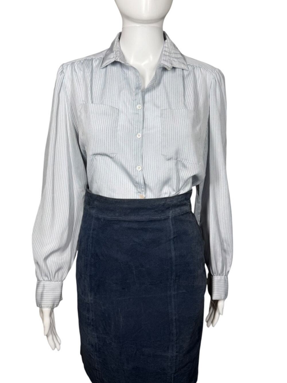 Vintage Liz Claiborne Semi Sheer Blue Strip Button Front Blouse Size Small
